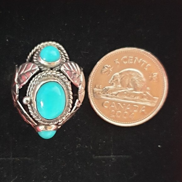 Bold Vintage 1920s Taxco Mexico Turquoise Sterling Silver Art Deco Poison Ring - Picture 11 of 14
